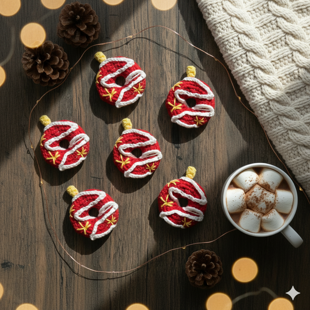 (Set of 12) Handmade Crochet Red Christmas Donut Ornament – Cute Holiday Tree Decoration