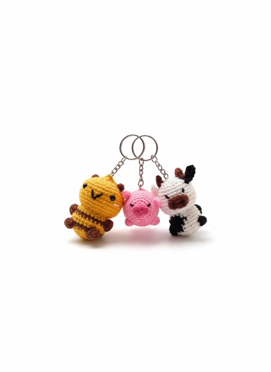 Farm Friends Trio Handmade Crochet Bee Pig & Cow Keychain Set | Cute Animal Bag Charms