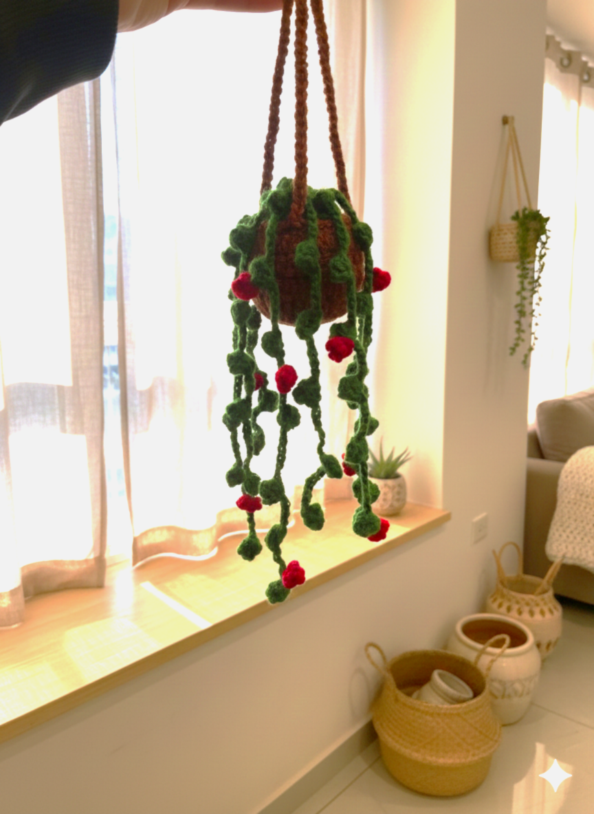 Handmade Crochet Hanging Plant | Boho Wall Décor with Trailing Vines & Flowers | Faux Greenery Home Decoration