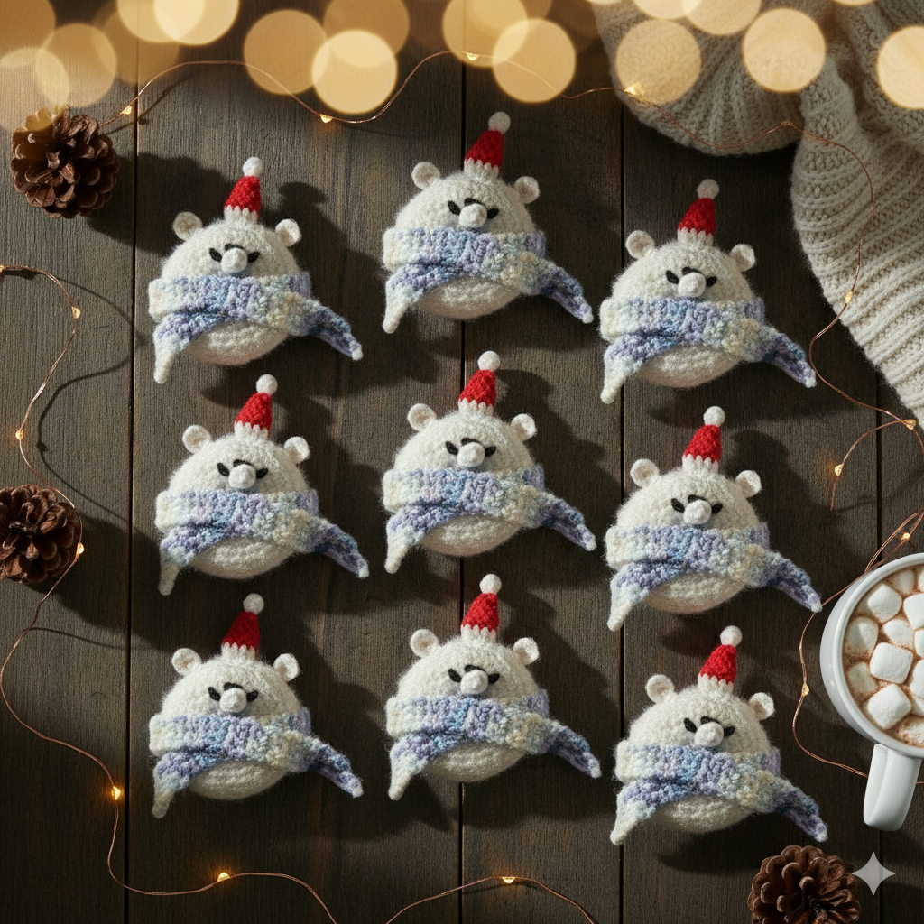 (Set of 12) Handmade Crochet Polar Bear Ornament with Scarf – Winter Christmas Tree Décor