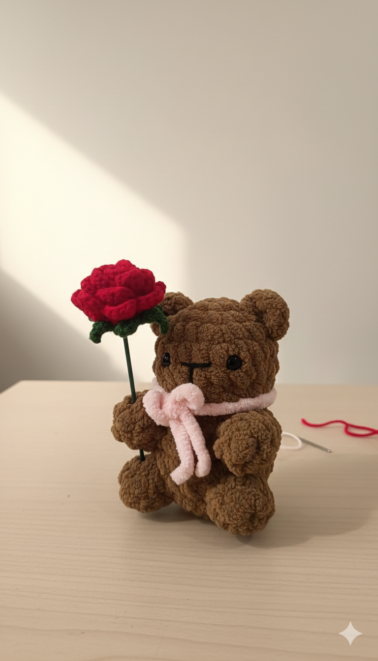 Theo the Comfort Bear | Handmade Crochet Teddy with Flower | Warm & Thoughtful Gift for Love and Support
