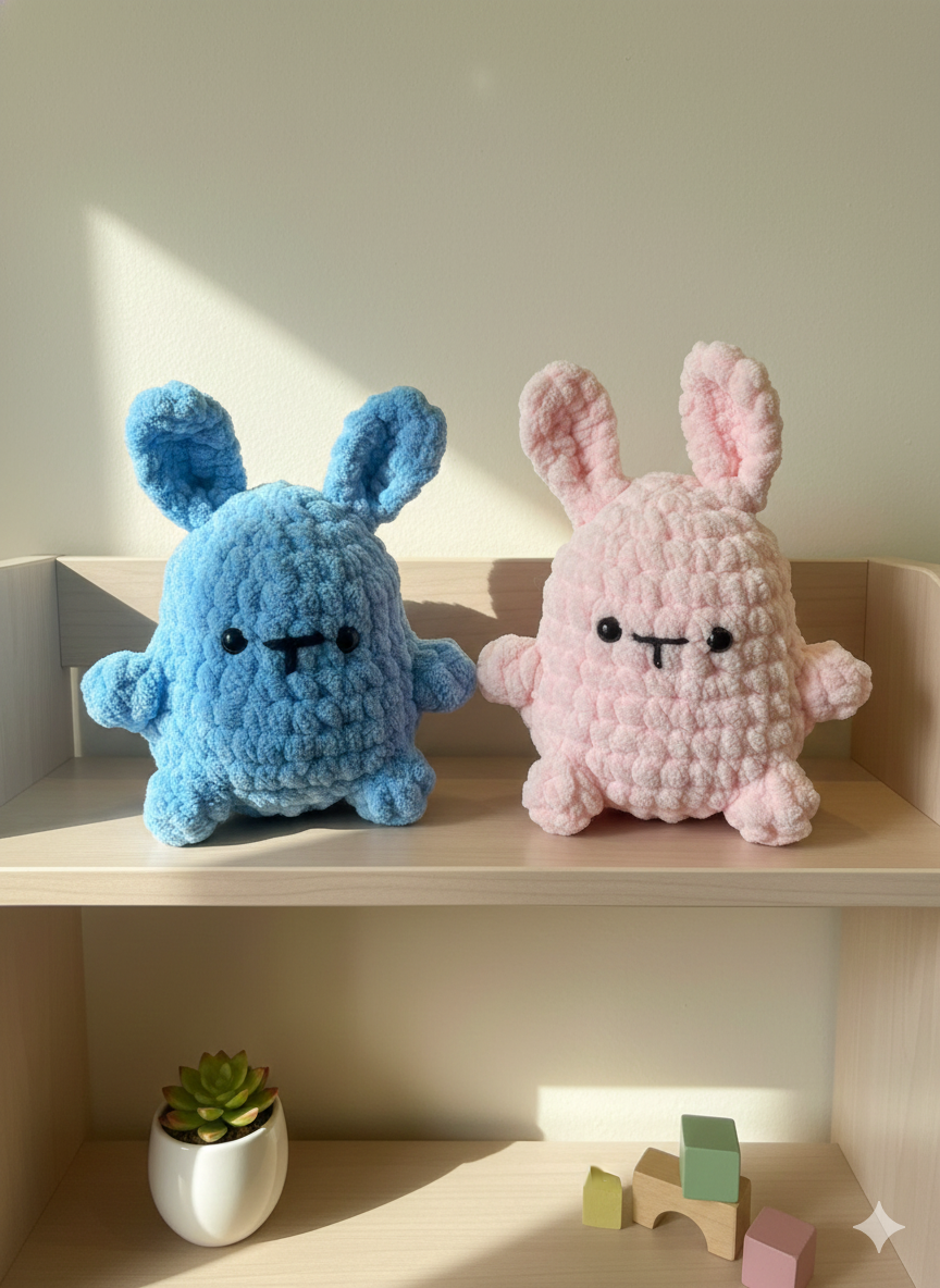 Handmade Crochet Bunny Plush Set – Blue & Pastel Pink Soft Toy | Cute Amigurumi Bunny Pair | Gift for Kids, Baby Shower, Valentine & Nursery Decor