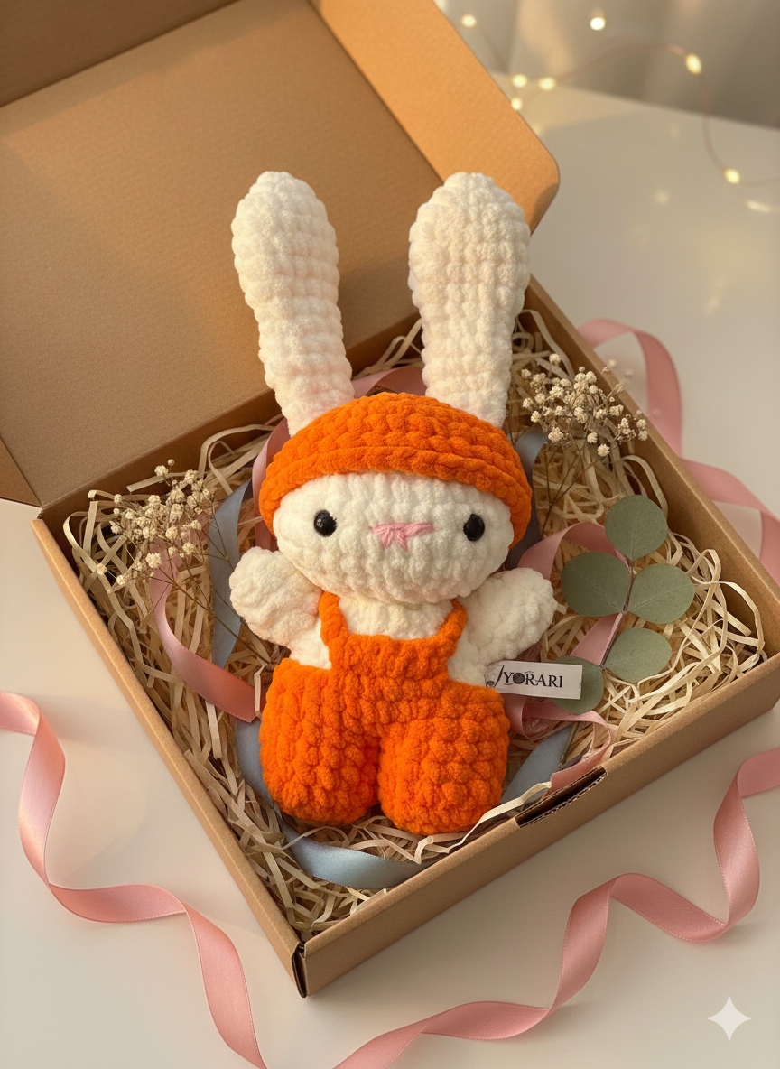 Handmade Crochet Plush Bunny Toy – Soft Stuffed Animal with Orange Outfit