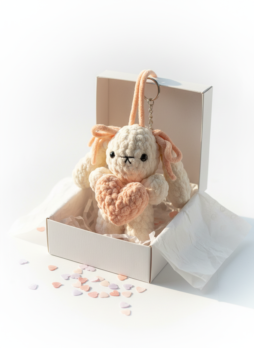 Handmade Crochet Bunny Heart Keychain – Cute Plush Hanging with Valentine Card | Soft Amigurumi Bag Charm by JYORARI