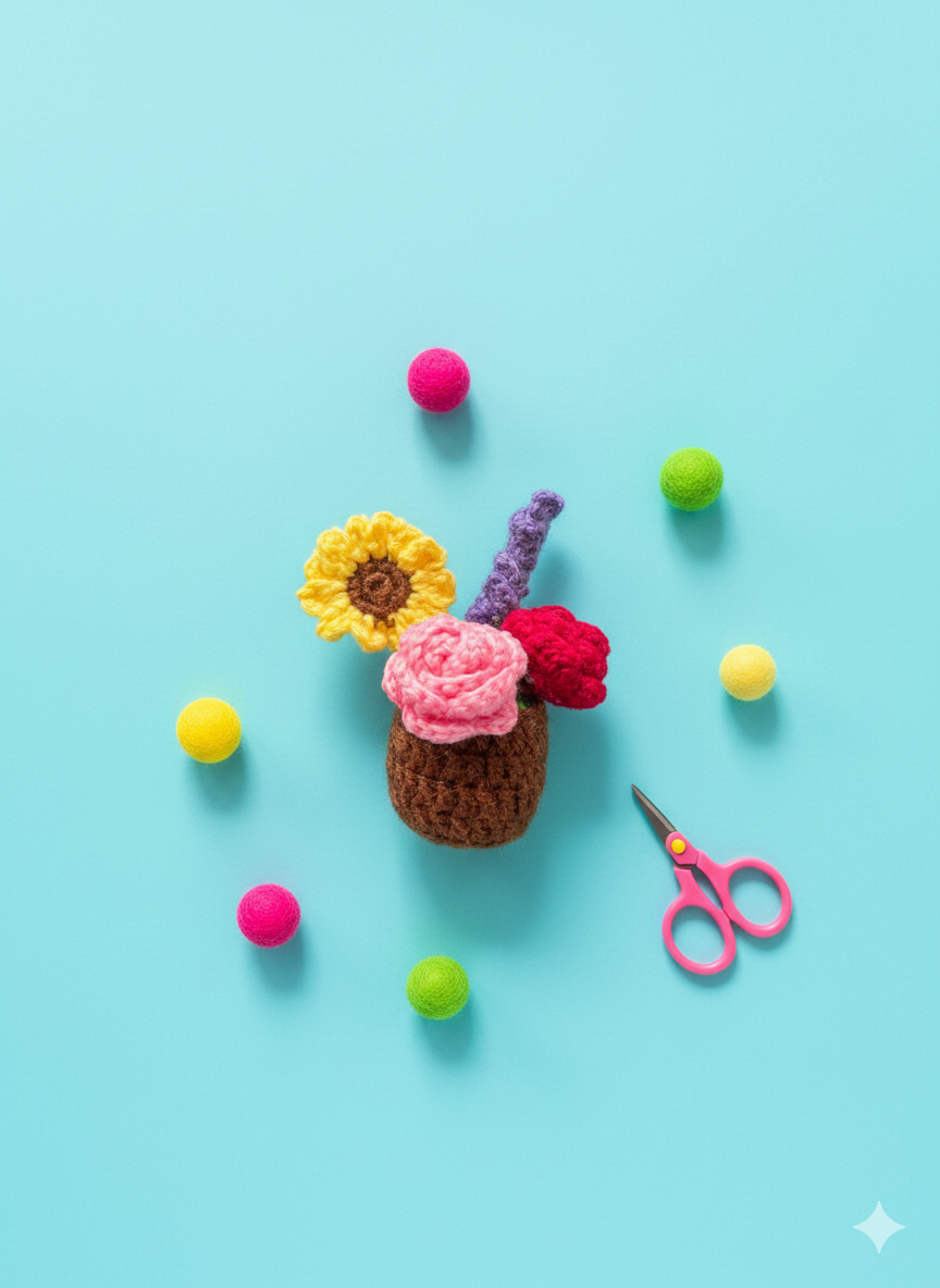 Handmade Crochet Flower Pot Fridge Magnet | Premium Yarn Floral Décor | Cute Mini Crochet Planter Magnet | Kitchen, Office & Gift Decor