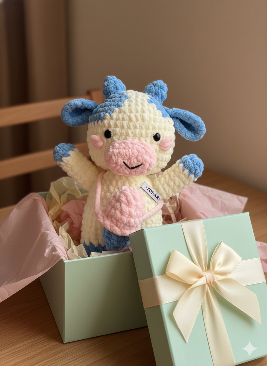 Handmade Crochet Cow Plush Toy – Soft Velvet Amigurumi Cow with Pouch, Pastel Stuffed Animal Gift for Baby, Kids & Nursery Décor