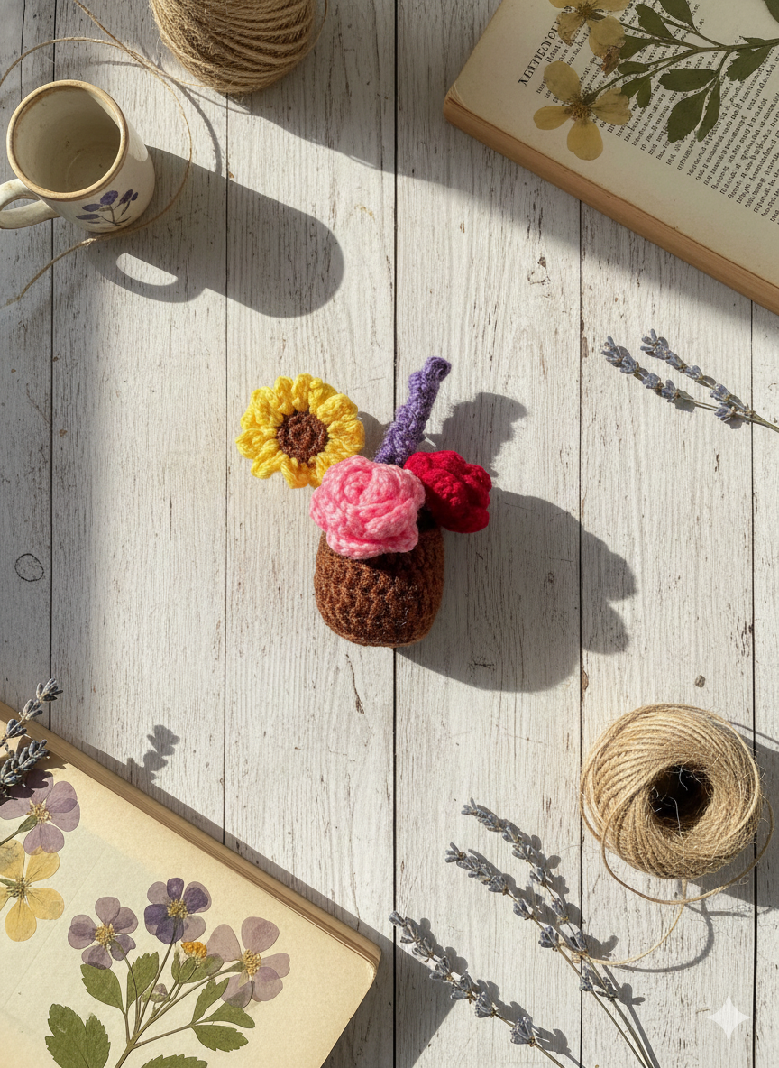 Handmade Crochet Flower Pot Fridge Magnet | Premium Yarn Floral Décor | Cute Mini Crochet Planter Magnet | Kitchen, Office & Gift Decor