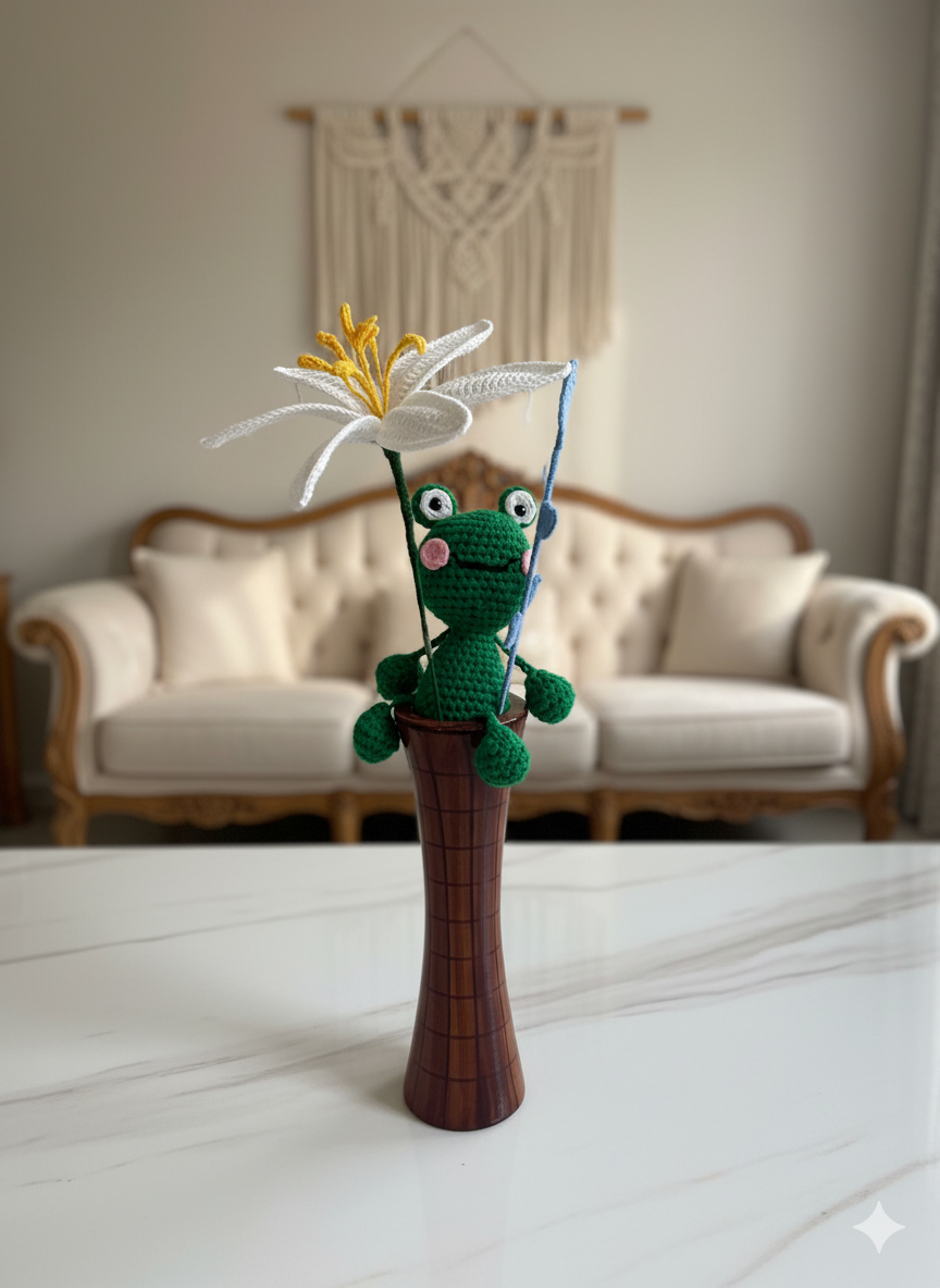 Handmade Crochet Frog with Flower and Leaf Stem – Cute Yarn Art Home Décor Gift | Whimsical Handmade Crochet Plush & Bloom Arrangement | Aesthetic Craft Decoration for Room or Desk (Vase not included)