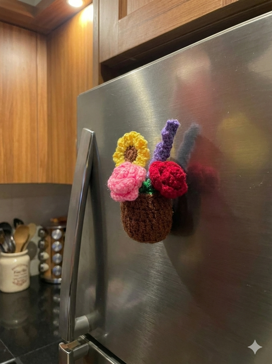 Handmade Crochet Flower Pot Fridge Magnet | Premium Yarn Floral Décor | Cute Mini Crochet Planter Magnet | Kitchen, Office & Gift Decor