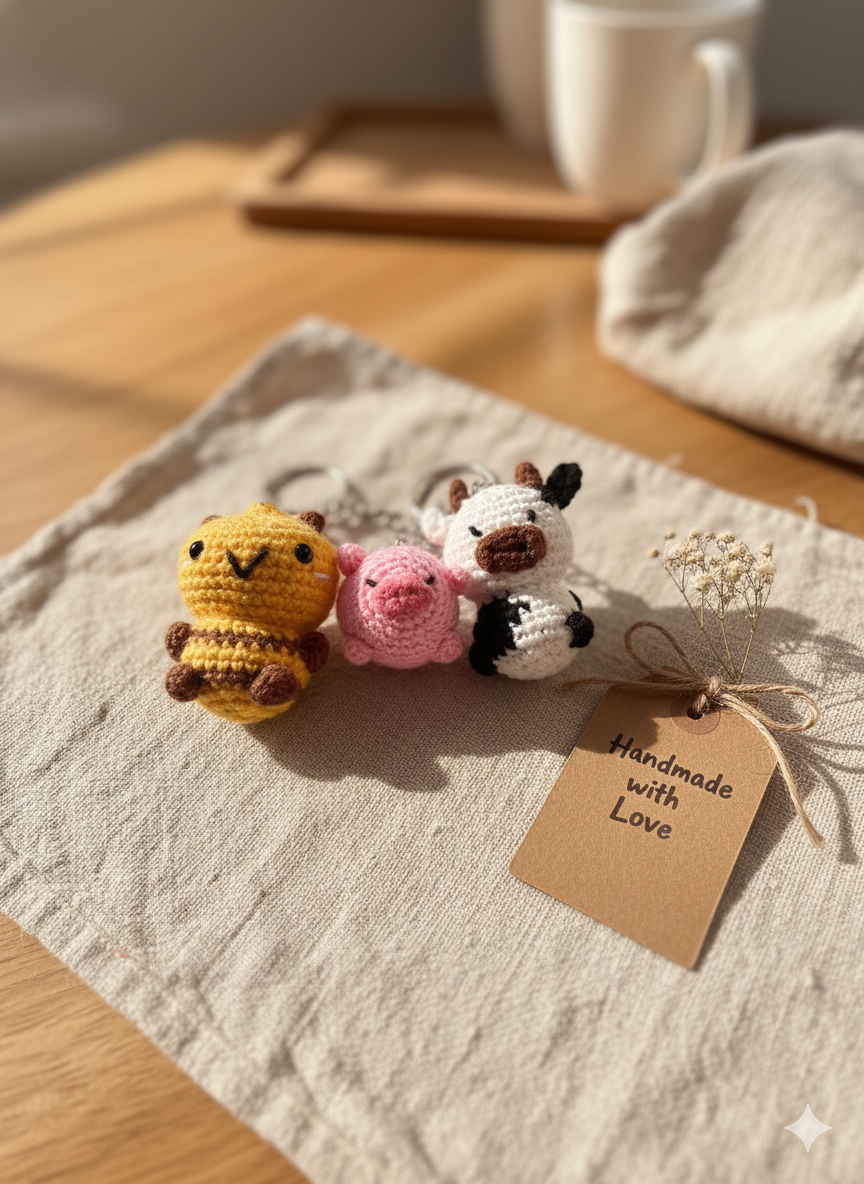 Farm Friends Trio Handmade Crochet Bee Pig & Cow Keychain Set | Cute Animal Bag Charms