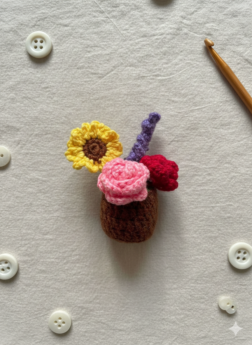 Handmade Crochet Flower Pot Fridge Magnet | Premium Yarn Floral Décor | Cute Mini Crochet Planter Magnet | Kitchen, Office & Gift Decor