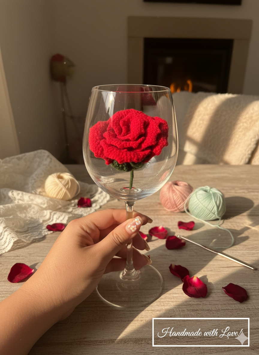 Wine Glass Rose Crochet – Romantic Handmade Gift & Décor (1 Piece)