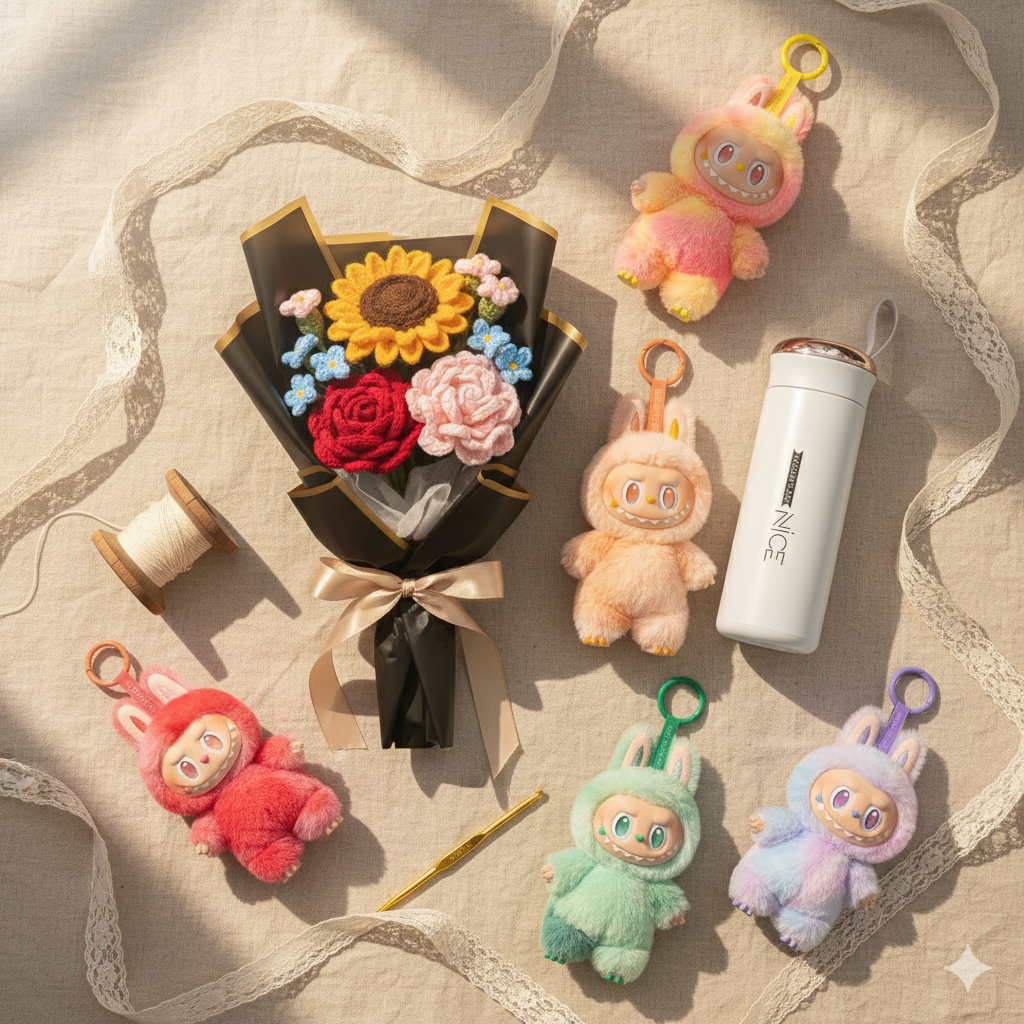 Cute Plush Toy with Crochet Sunflower Bouquet & Stylish Thermos Bottle – Perfect Gift Set for Birthdays, Anniversaries & Special Occasions