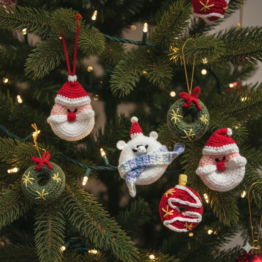 (Set of 12) Handmade Crochet Christmas Tree Ornaments – Santa Donut, Polar Bear, Wreath & Festive Donut Set – Cute Holiday Decorations for Gifting & Home Décor