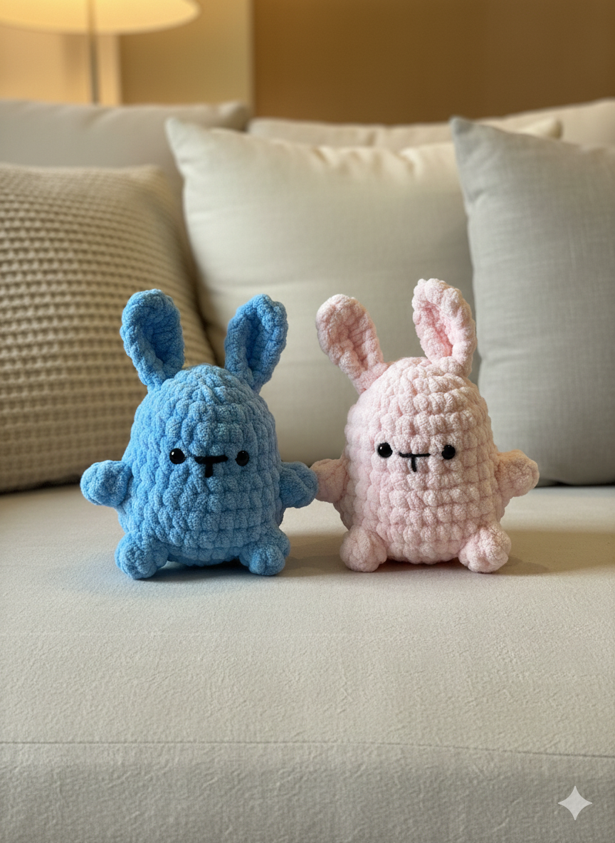 Handmade Crochet Bunny Plush Set – Blue & Pastel Pink Soft Toy | Cute Amigurumi Bunny Pair | Gift for Kids, Baby Shower, Valentine & Nursery Decor