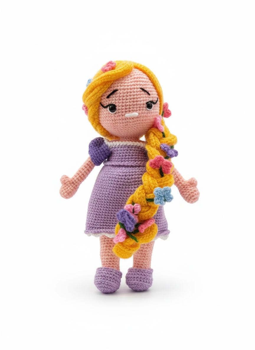 Handmade Crochet Princess Doll with Braided Hair | Soft Amigurumi Girl Doll | Floral Hair Plush Toy | Perfect Gift for Kids