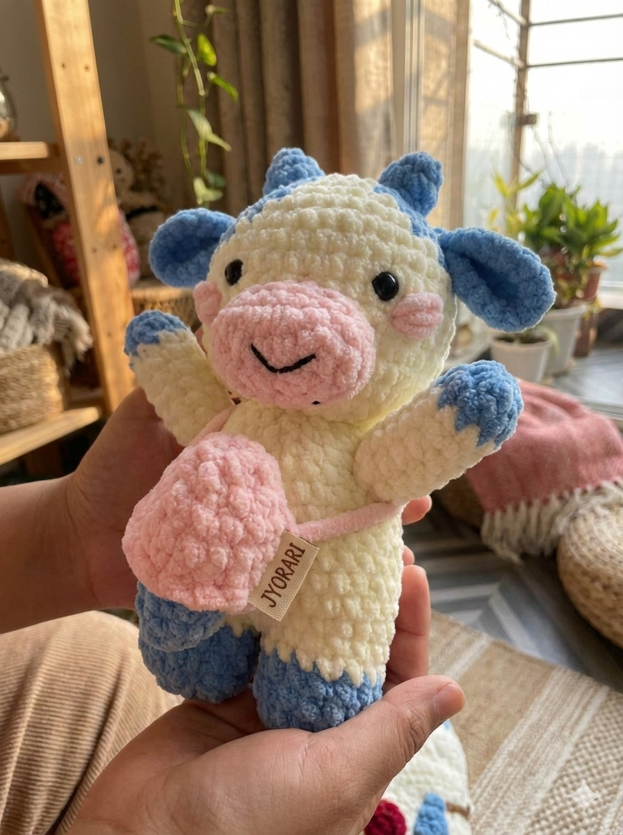 Handmade Crochet Cow Plush Toy – Soft Velvet Amigurumi Cow with Pouch, Pastel Stuffed Animal Gift for Baby, Kids & Nursery Décor