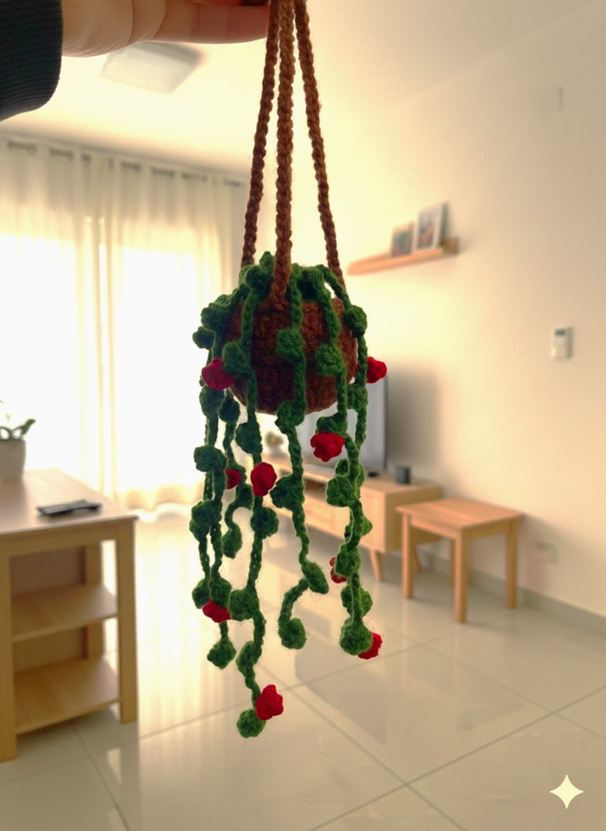 Handmade Crochet Hanging Plant | Boho Wall Décor with Trailing Vines & Flowers | Faux Greenery Home Decoration