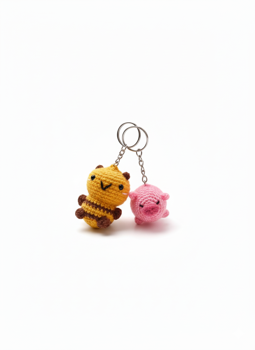 Buzz & Snouty Duo Handmade Crochet Bee & Pig Keychain Set | Cute Animal Bag Charms