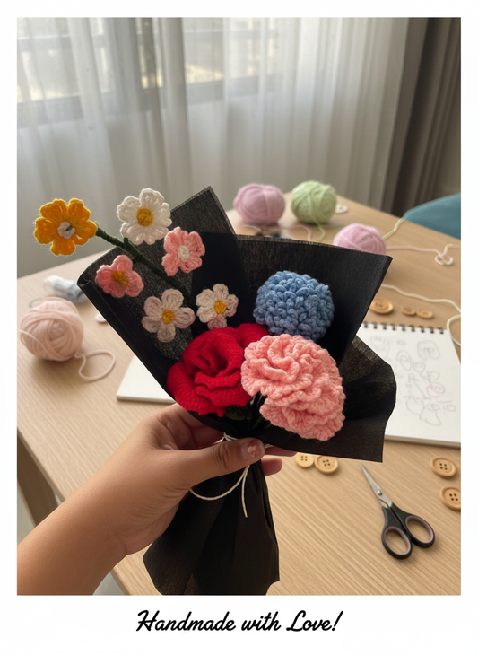 Handmade Crochet Flower Bouquet – Colorful Yarn Roses, Daisies & Pompom Flowers for Gifts & Décor