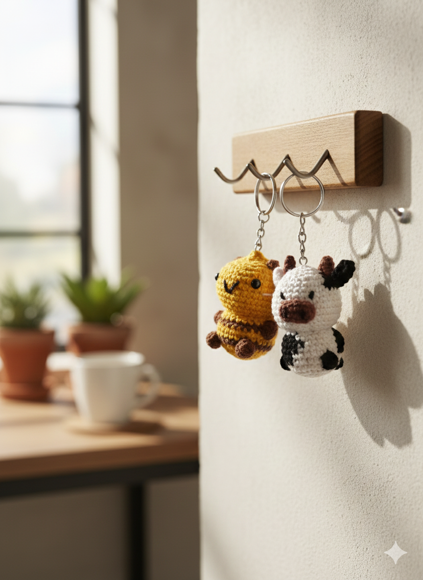 Buzz & Moo Duo Handmade Crochet Bee & Cow Keychain Set | Cute Animal Key Rings