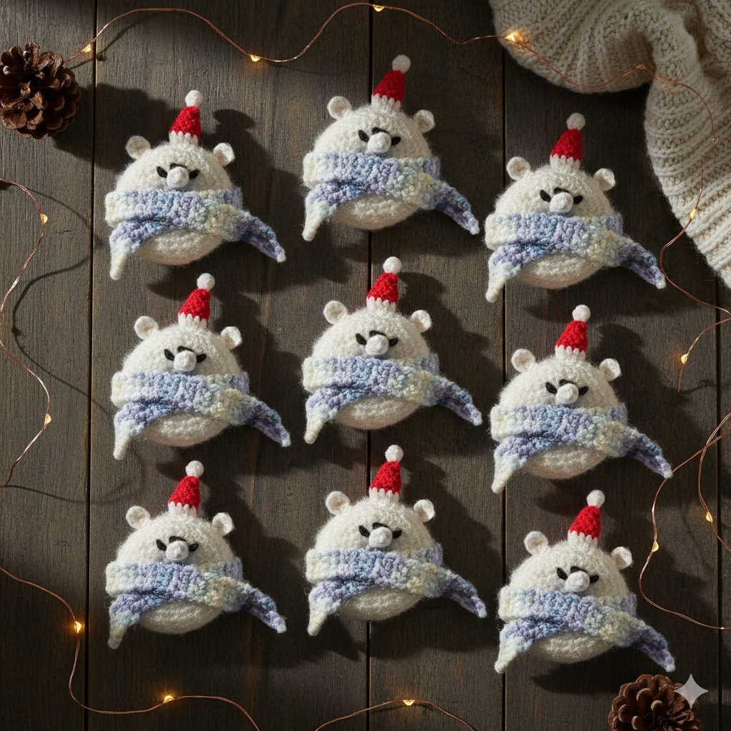 (Set of 12) Handmade Crochet Polar Bear Ornament with Scarf – Winter Christmas Tree Décor