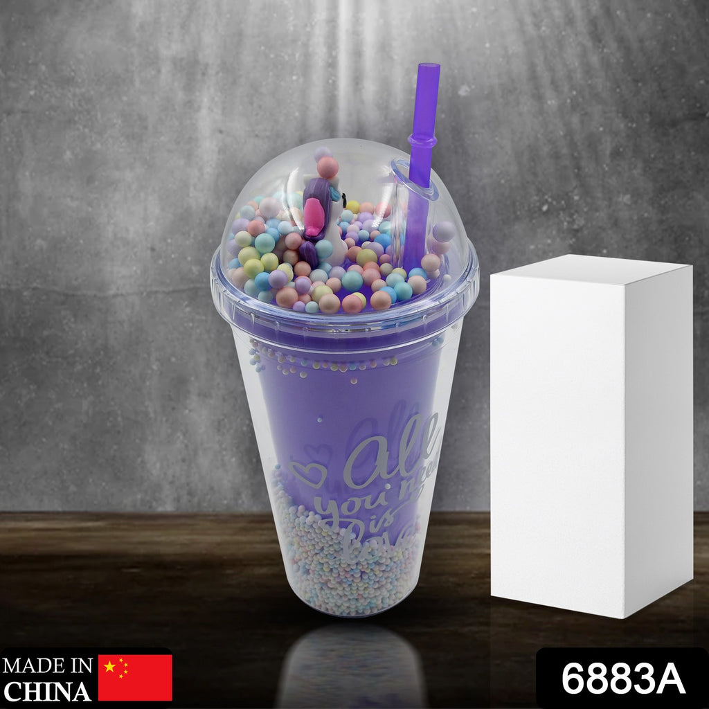6883a Design Printed Sipper Bottle With Toy Led Glow Light Double Wall Sipper Glass Water Bottle  Sipper Bottle With Straw For Girls And Kids For Boys And Girls Schooltuitiongym (Pack Of 1)