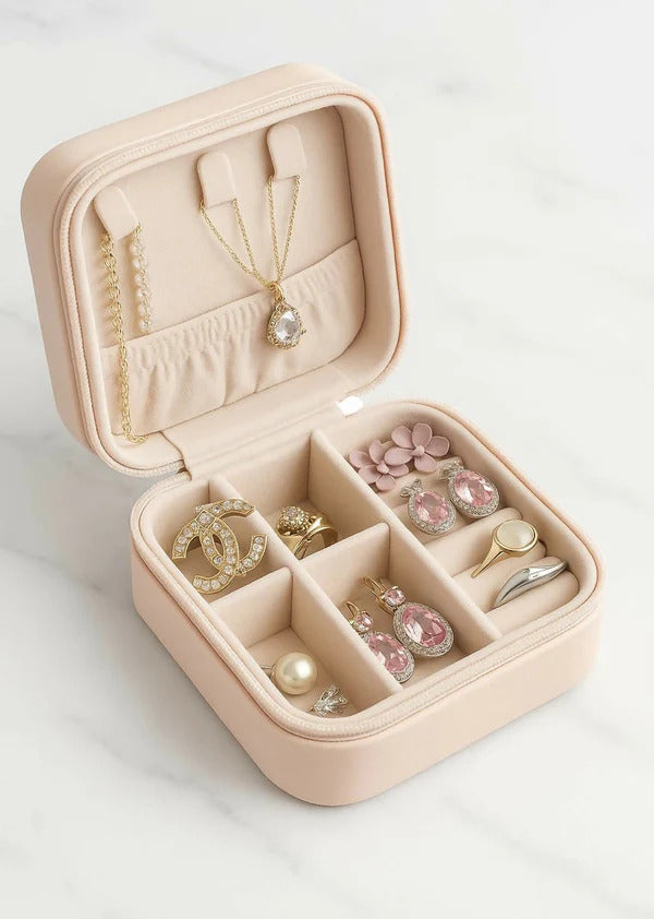 Premium Velvet Travel Jewelry Organizer Box – Compact Portable Storage Case with Multiple Compartments (Blush Pink)