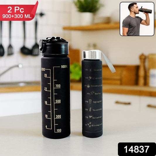 2 Pc Premium Black Motivational Water Bottle Set (900 Ml + 300 Ml)
