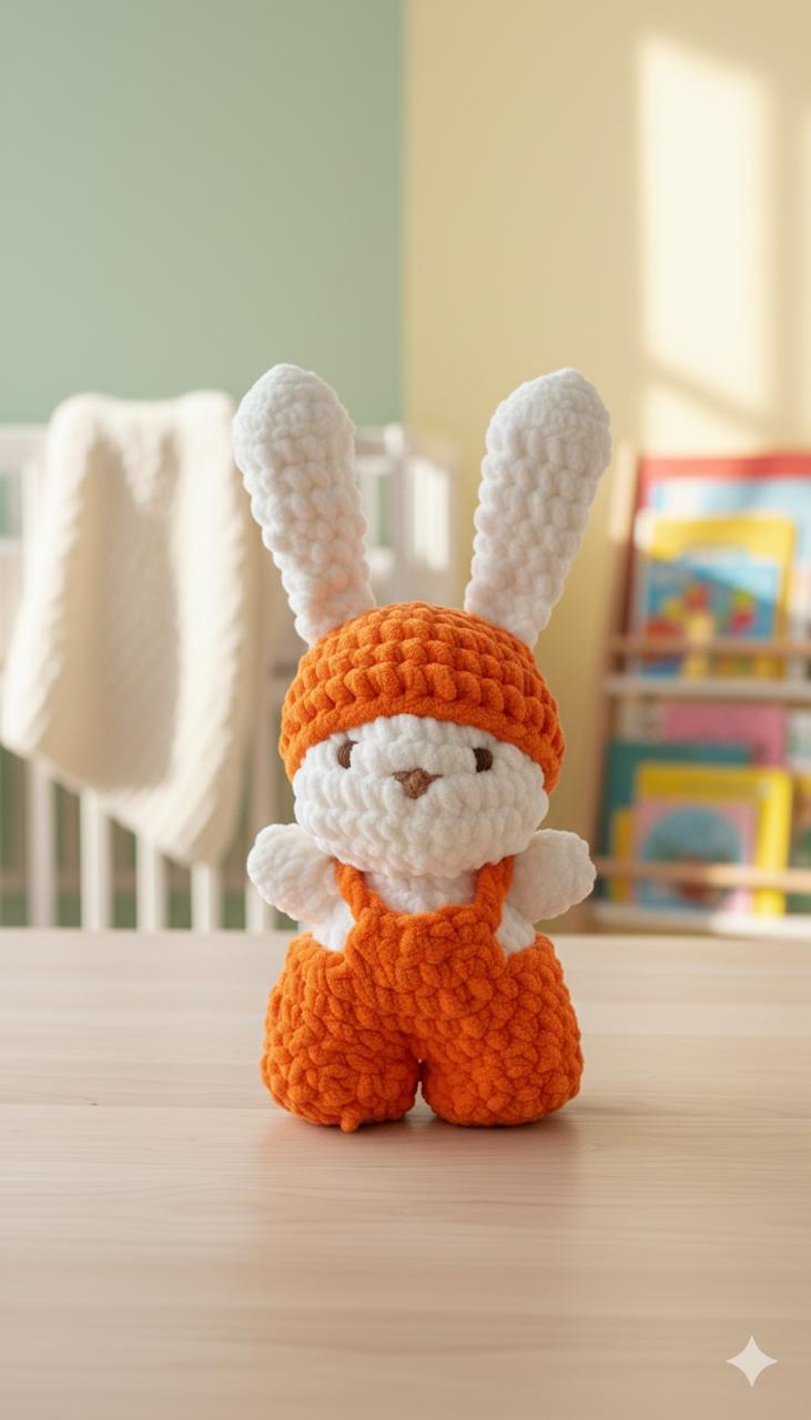 Handmade Crochet Plush Bunny Toy – Soft Stuffed Animal with Orange Outfit