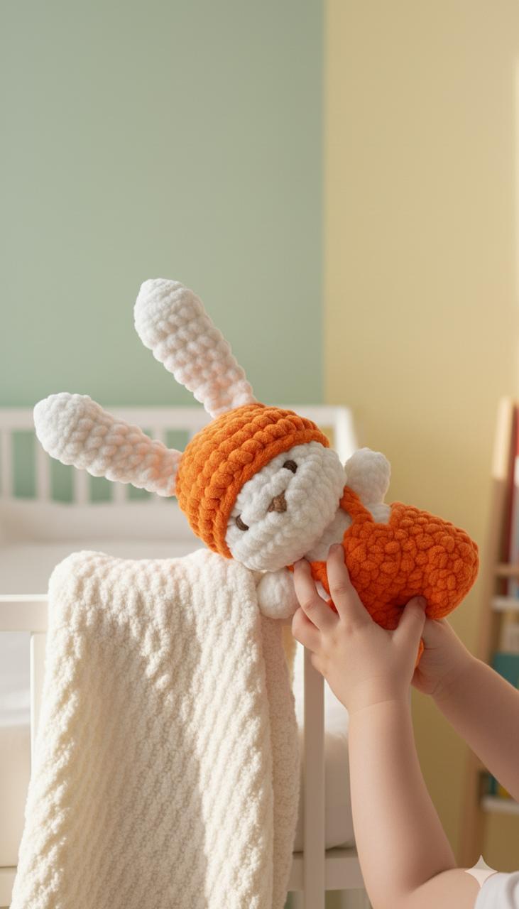 Handmade Crochet Plush Bunny Toy – Soft Stuffed Animal with Orange Outfit