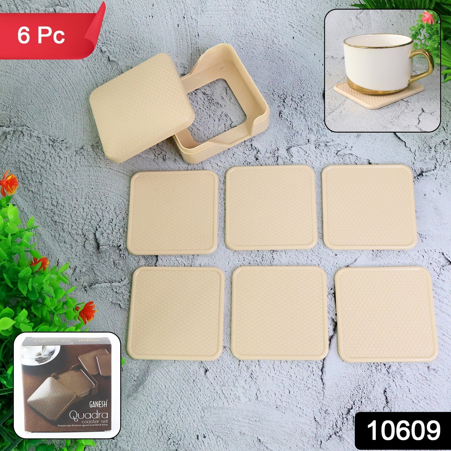Ganesh Premium Square Coasters With Storage Box (6 Pc  Set)
