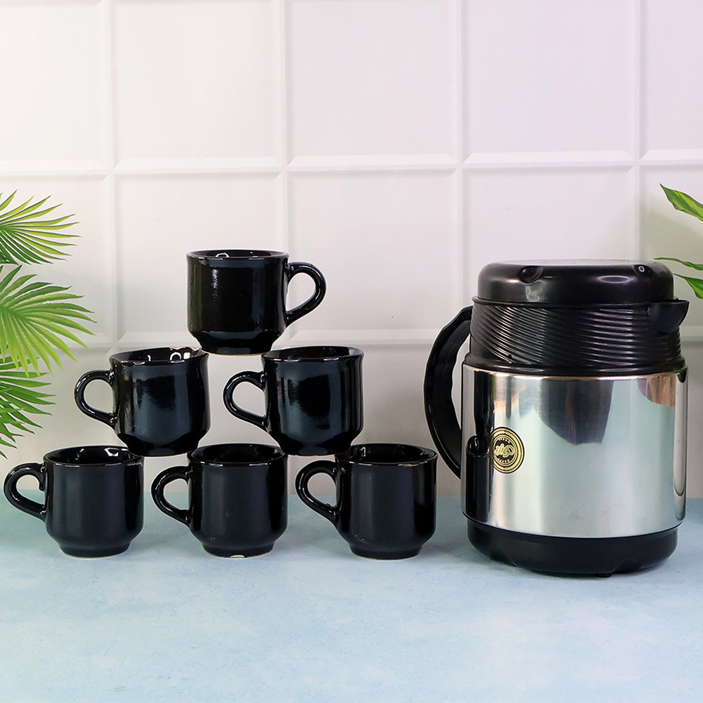Tea And Coffee Thermos Flask And 6 Ceramic Cups (1 Set)
