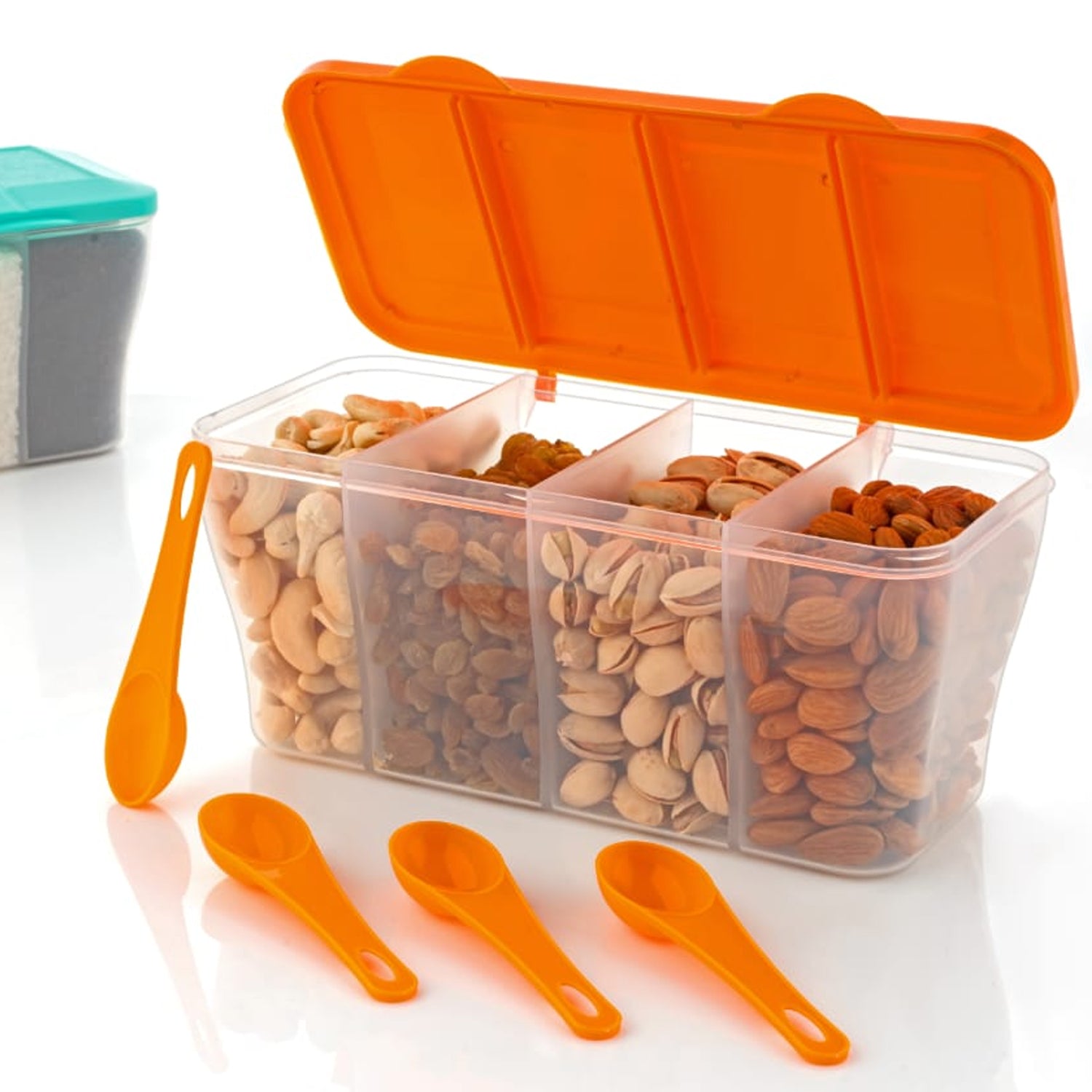 5578 Kitchen Multipurpose Air-tight 4 Sections Storage Containers  Pickle (Achar) Jar With 4 Spoon For Each Section (1 Pc  Mix Color)